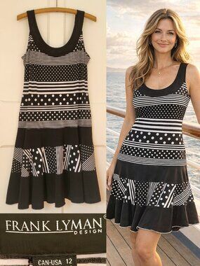 Frank Lyman Black White Spring Dress Polka Dot Fit Flare Sleeveless